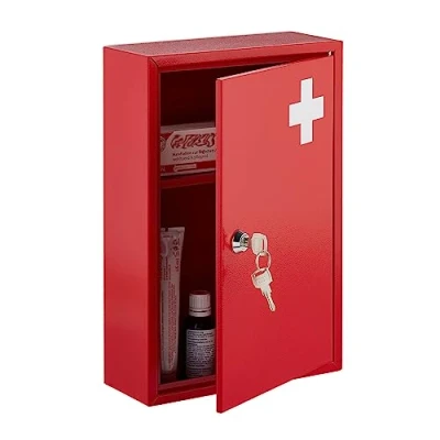 Afbeelding van Relaxdays Afsluitbare medicijnkast 2 vakken H x B D 32 21,5 9,5 cm voor medicijnen, medicijnkastje, rood/wit, ijzer 1 stuk