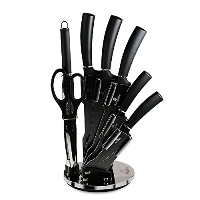 Afbeelding van Berlinger Haus Carbon Pro Professionele keukenmessenset, 8 delig, roestvrij staal, antiaanbaklaag, houder, koksmes, Santoku, slijpstaal, schaar, metallic design
