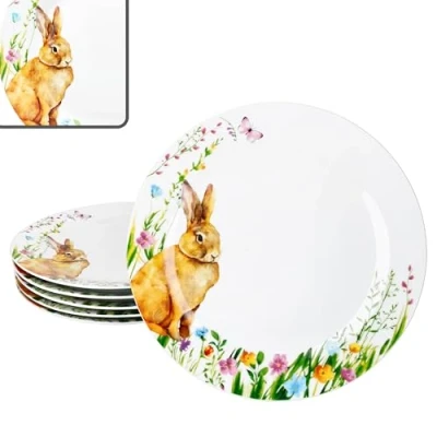 Afbeelding van MamboCat Set van 6 platte borden voor Pasen, diameter 27 cm, porselein, met paashaas, personen, grote hoofdmaaltijden, barbecues enz.
