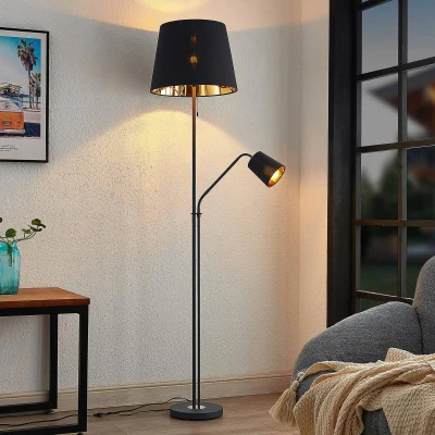 Afbeelding van Lindby vloerlamp Efalia, zwart/goud, textiel, leeslampje
