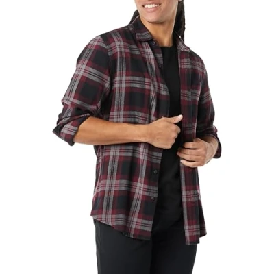 Image de Amazon Essentials Chemise en flanelle à manches longues (grandes tailles disponibles) Homme, Noir Bordeaux Gris Écossais, L