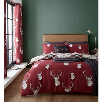 Afbeelding van Catherine Lansfield Munro beddengoedset, hert en geruit, rood, 3 delig, kingsize bed