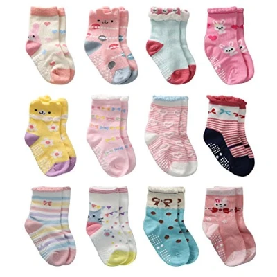 Afbeelding van 12 paar sokken voor baby&#039;s, meisjes, antislip, peuters en peuters, van katoen, geluksvogel