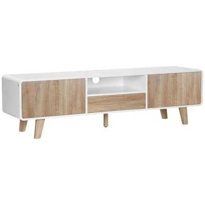 Afbeelding van HOMCOM TV kast laag op standaard, Scandinavische stijl, 2 deuren, ladenis, MDF, wit, licht eiken look