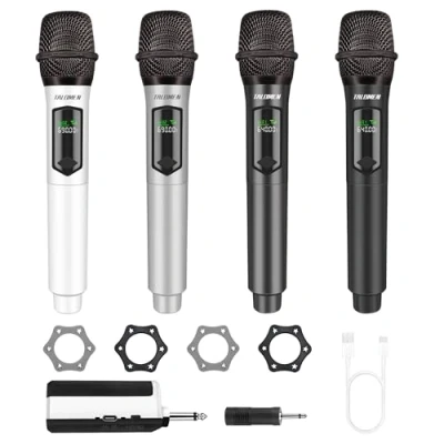 Afbeelding van talomen Microphone sans Fil Professionnel, système de Microphones Quadruple 2,4 GHz, Micro karaoké Dynamique Rechargeable avec récepteur, portée 160ft, pour Chant, fête, K604 Blanc Argent Gris Noir