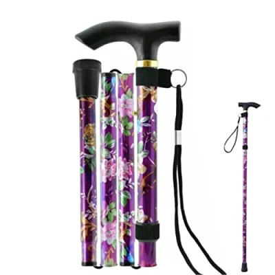 Afbeelding van BOBOZHONG wandelstok, opvouwbare stok voor ouderen, uitschuifbare opvouwbaar, dames, verstelbare aluminium flexibele bloem, paars