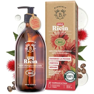 Image de Bionoble Huile de Ricin Bio 500ml + Pompe Bouteille en Verre 100% Pure, Naturelle, Pressée à Froid pour Cheveux Cils Sourcils Castor Oil