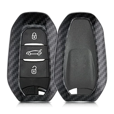 Afbeelding van kwmobile autosleutelhoes geschikt voor Peugeot Citroen 3 knops Smartkey autosleutel (alleen Keyless Go) hardcover beschermhoes Carbon design zwart