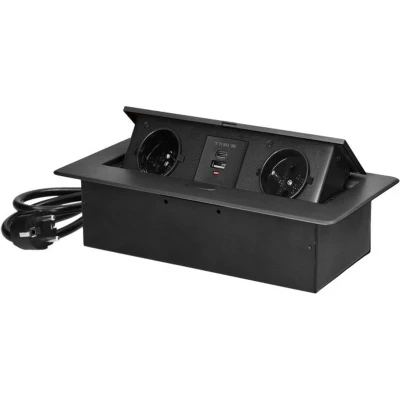 Afbeelding van Bureau stekkerdoos met USB Pop up Stekkerblok 2 stopcontacten, 1x A en C Inbouw Verdeelstekker RVS afwerking 1.5 meter kabel voor max. 3680 Watt Penaarde Antraciet