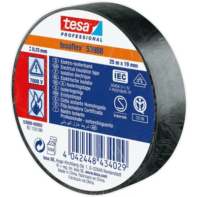 Image de TESA 53988 ruban isolant professionnel en PVC noir 19 mm x 20 m 00001 01