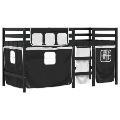 Afbeelding van vidaXL Kinderhoogslaper met gordijnen 90x190 cm grenenhout wit zwart