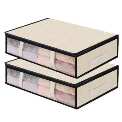 Image de AiQInu Lot de 2 boîtes rangement sous le lit, avec fenêtre et 4 poignées, 60 x 45 15 cm, pliable, sac pour vêtements, couvertures, couettes
