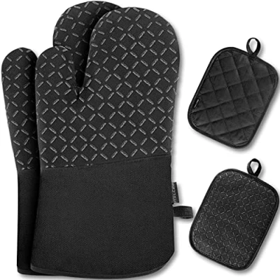 Afbeelding van MILcea Ovenhandschoenen, set van 4 pannenlappen, keukenhandschoenen en pannenlappen siliconen katoen, 30 x 18 3,5 cm
