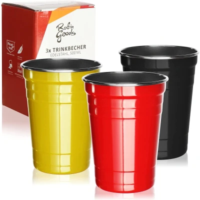 Afbeelding van 3x RVS drinkbekers zwart, rood, geel hoogwaardige bekers 500 ml campingbekers breukvast en BPA vrij (03 stuks zwart/rood/geel)