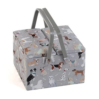 Afbeelding van Hobby Gift Exclusieve grote naaidoos met twee deksels, opbergdoos om te knutselen, dienblad voor accessoires, pinnenbol, pvc handgrepen, 25 x 17 cm, grijze honden