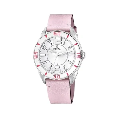 Afbeelding van Festina Dameshorloge F16492/8 Outlet 316l roestvrijstalen behuizing zilver roze lederen band metallic armband, Metaal zilver, Armband