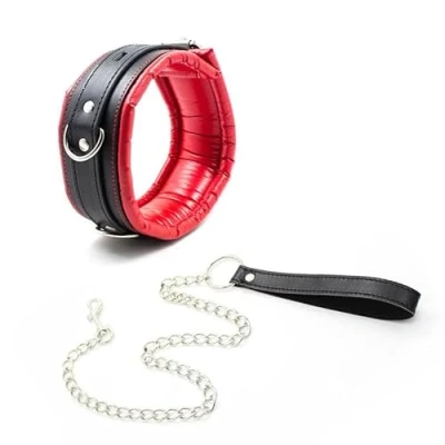 Afbeelding van FETISH ADDICT Collar With Metal Leash Padded Interior Red/black