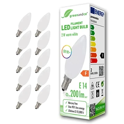 Afbeelding van Greenandco® CRI 90+ led gloeilamp, mat, E14, 2 W (komt overeen met 20 W), 200 lm, 2700 K, warm wit, 360 graden, 230 V, glas, geen flikkeren, niet dimbaar, 10 stuks