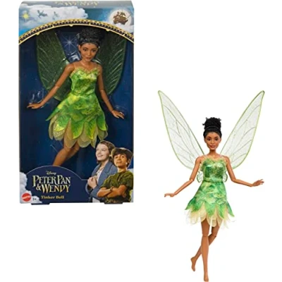 Afbeelding van Mattel Peter Pan &amp; Wendy Disney pop fee belletje, met groene jurk, glinsterende vleugels gewrichten, en een beweegbaar lichaam, speelgoed voor kinderen, vanaf 3 jaar, HNY37