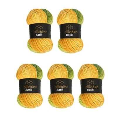 Afbeelding van Wollbiene Batik Set van 5 bollen 100 g wol voor breien en haken (500 g) Veelkleurig Met kleurgradatie (1430 groen, geel, oranje)