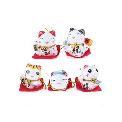 Afbeelding van Set van 5 maneki Neko beeldjes, Japanse geluksbrenger, Afmetingen de beeldjes: 6 x 4, cm, veelkleurig