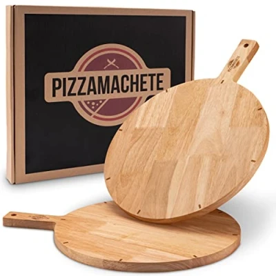 Afbeelding van PIZZAMACHETE Set van 2 houten pizzaborden, pizzaplank rubberhout, pizza accessoires thuis, ronde snijplank, plat, foccacia of brood, plank 30,5 cm