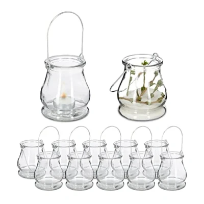 Afbeelding van Relaxdays windlicht set van 12 theelichthouder buiten handvat glas transparant