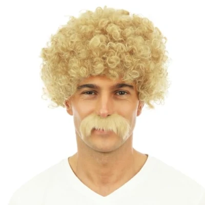 Afbeelding van P&#039;TIT CLOWN Korte krullende pruik met zelfklevende snor (Blond)