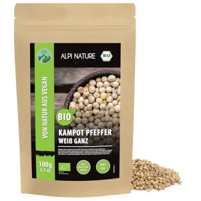 Afbeelding van Kampot biologische witte peper (100 g), vechtpeper, peperkorrels uit gecontroleerde teelt, laboratoriumgetest, 100% zuiver en natuurlijk