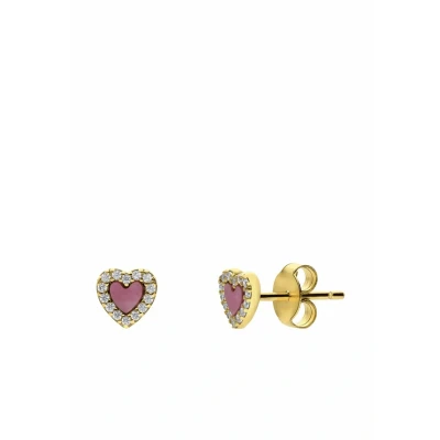 Afbeelding van Lucardi Dames Zilveren goldplated Oorbellen een hartvormige Rhodonite gemstone Staal Goud