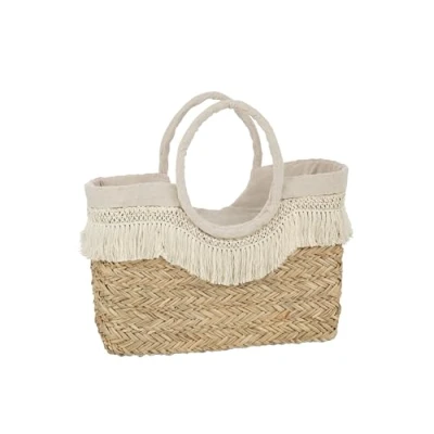 Afbeelding van J Line strandtas Franjes Gevlochten zeegras naturel/crème