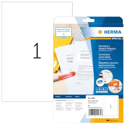 Afbeelding van Etiket HERMA 4230 210x297mm A4 correctie wit 25stuks