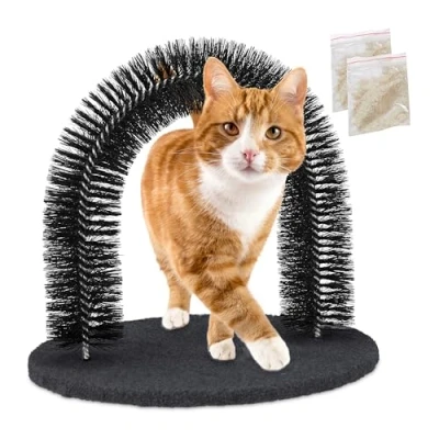 Afbeelding van Relaxdays massageborstel kat vachtverzorging kattenboog ontharing met kattenkruid