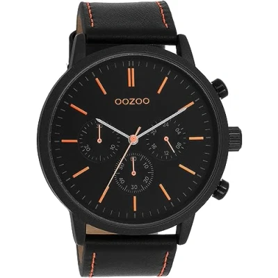 Afbeelding van Oozoo Timepieces C11200 Herenhorloge met leren armband, analoog polshorloge, elegant, rond, hoogwaardig, Zwart/Neon Oranje, armband