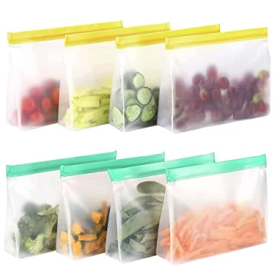 Afbeelding van Set van 8 herbruikbare siliconen zakjes, design met ritssluiting, boterhamzakje, PEVA opbergzakje voor groenten, melk, snacks, vlees, enz.