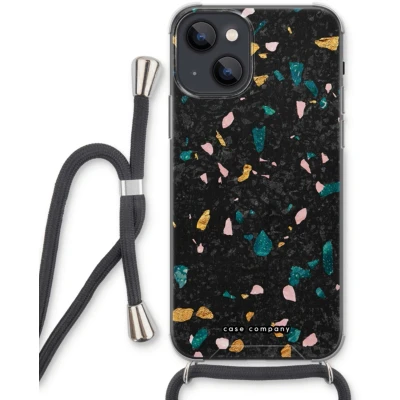 Afbeelding van Case Company® hoesje met Koord geschikt voor iPhone 13 Terrazzo N10 Telefoonhoesje Zwart Extra Bescherming aan alle Kanten en Over de Schermrand