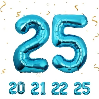 Afbeelding van Ballonnen verjaardag 25 jaar, blauw, 101 cm, ballon nummer 25, opblaasbare folie decoratie van man vrouw vliegen met helium