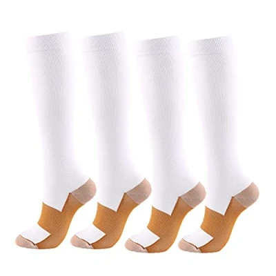 Afbeelding van 4 paar compressiesokken voor heren en dames, compressiekousen, hardlopen, sport, vliegtuig, reizen, herstel, Wit.