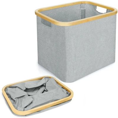 Afbeelding van Belle Vous Foldable Laundry Storage Basket with Bamboo Frame 44L Collapsible Organiser Bin Multipurpose Space Saving Hamper for Clothes, Blankets, Toys and Washing Portable Carry Handles