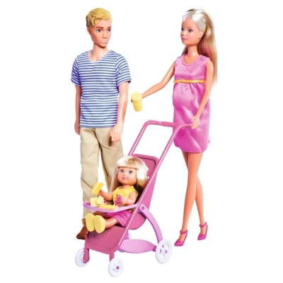 Afbeelding van Simba 105733200 Steffi Love Happy Family, zwangere pop,vriend Kevin, zuster Evi en baby, met kinderwagen,vanaf 3 jaar, meerkleurig