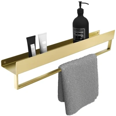 Afbeelding van REA Elegant badkamerplanchet geborsteld goud met handdoekenrek 600 mm breed