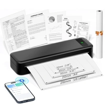 Afbeelding van Draagbare thermische printer A4 zonder inkt, Bluetooth, 300 dpi, compatibel met iOS en Android, kleine 2600 mAh voor 216/210/110/80/53 mm thermisch papier, reizen, kantoor, school, thuis
