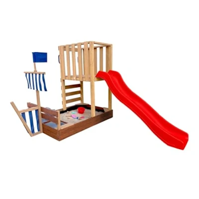 Afbeelding van XI Vicky Speeltoren Vikingboot Bruin Met Zandbak en Speelkeuken Rode Glijbaan Krijtbord FSC hout vlag zeilen Speeltoestel voor kinderen