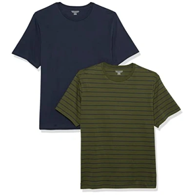 Image de Amazon Essentials Lot de 2 t shirts à manches courtes et col rond, pour homme, coupe ajustée, rayures bleu marine/olive, taille L