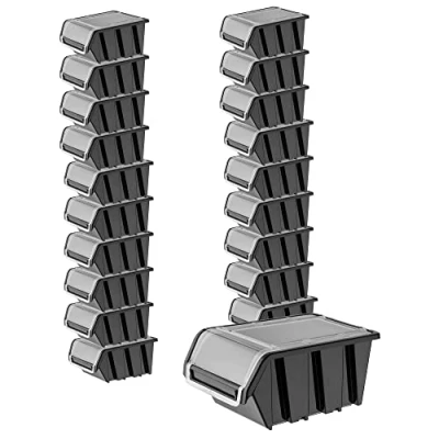 Afbeelding van KADAX Set van 20 stapelbare opbergdozen met deksel, PP kunststof, in verschillende maten en kleuren, klep voor gereedschapswand (zwart, stuks)