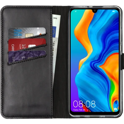 Afbeelding van Selencia Hoesje Geschikt voor Huawei P30 Lite Met Pasjeshouder Echt Lederen Bookcase Zwart