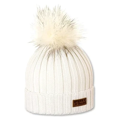 Afbeelding van Sterntaler Muts voor meisjes, gebreide muts, met bontpompon en lederen patch, maat: 51/53 cm, ecru, beige, 51, Beige