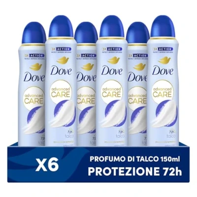 Afbeelding van Dove Advanced Care Talc deodorant Spray met hydraterende en delicate formule op de huid, zonder alcohol, droge huid tot 72 uur, voor mannen vrouwen, 6 stuks à 150 ml