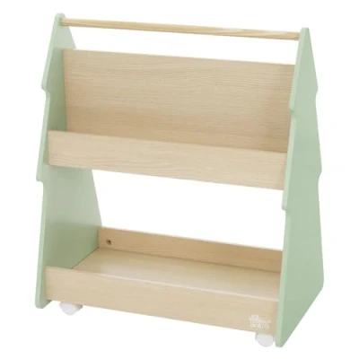 Afbeelding van Kinderboekenkast dennenhout design groen/natuur met legplanken en wielen Joyz