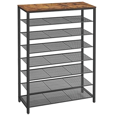 Afbeelding van VASAGLE Schoenenrek, Schoenenplank, Schoenenstandaard, 8 niveaus, 7 roosterplanken, voor 32 40 paar schoenen, Opbergrek, Gang, Slaapkamer, Woonkamer, 100 x 30 152 cm, vintagebruin zwart LBS012B01